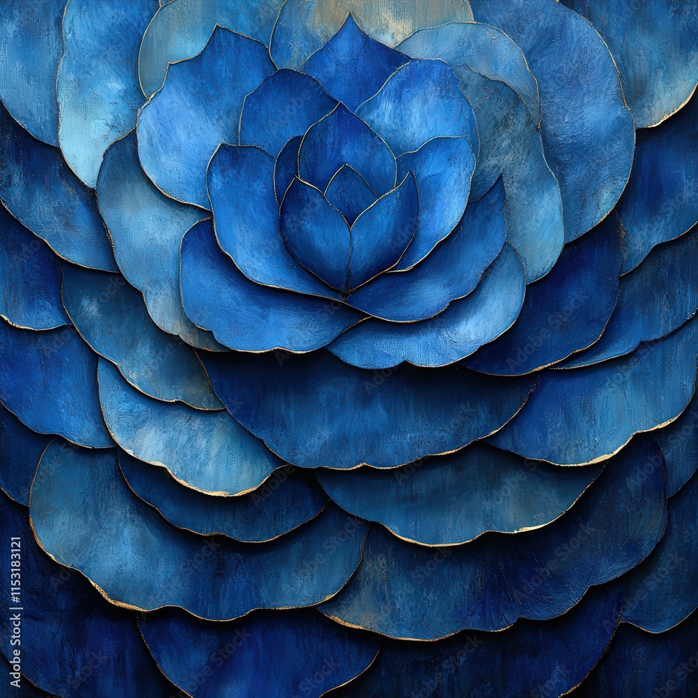 Fototapeta premium A stunning abstract design featuring layered blue petals, creating an intricate flower-like pattern with a golden edge for a touch of elegance.