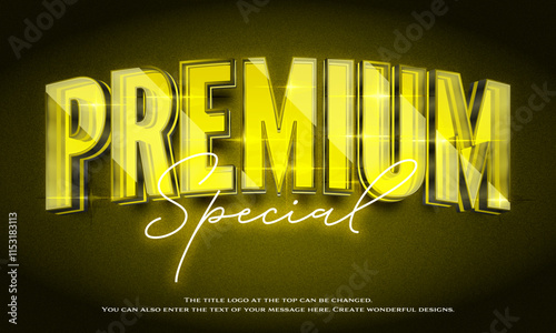 ”Premium Special” Editable title logo text style effect in yellow glowing glass neon, sans serif typeface
