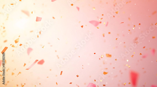 A minimalistic top-view shot of a pastel pink background with scattered golden confetti and streamers radiating from the corners. A glowing light gradient softens the central area, designed to draw photo