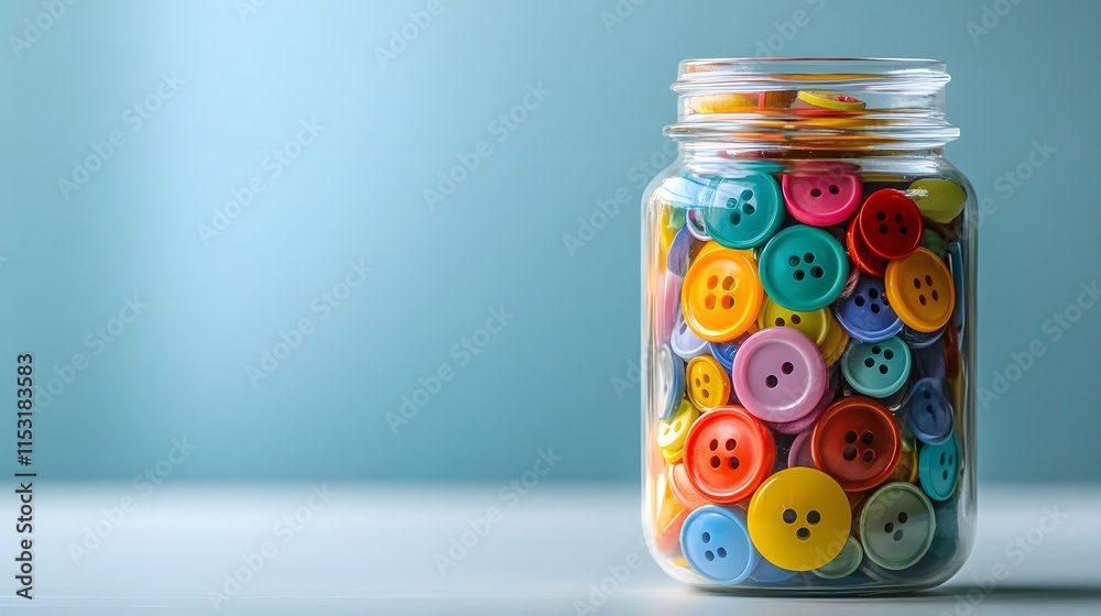 A clear glass jar filled with colorful buttons, placed on a white table A clear glass jar filled with colorful buttons, placed on a white table