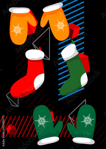 Mitten Glove and Christmas stocking geometrical graphic retro theme background. Minimal geometric elements. Vintage abstract shapes vector illustration.