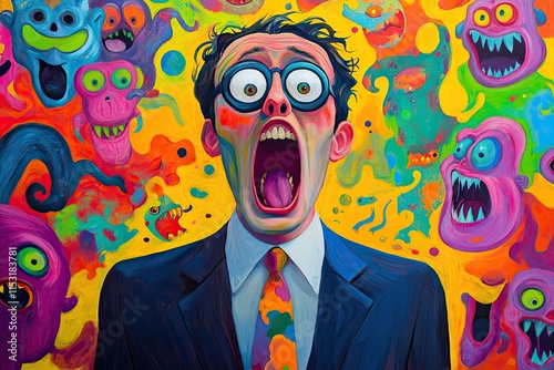 A man in a suit and tie, screaming with his mouth wide open, surrounded by cartoon monsters photo