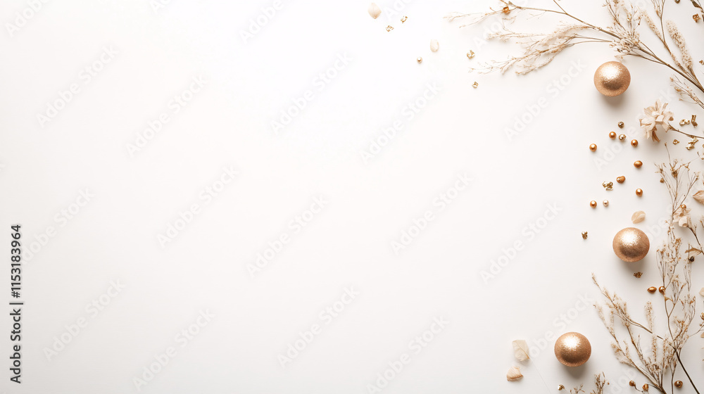 Fototapeta premium A minimalistic top-view New Year banner design with a clean white background. Golden confetti scattered delicately along the edges and a few small, metallic balloon ornaments create a subtle festive