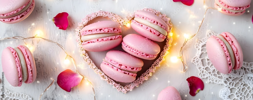 Fototapeta premium pink macarons heart valentine's dessert - valentine's day