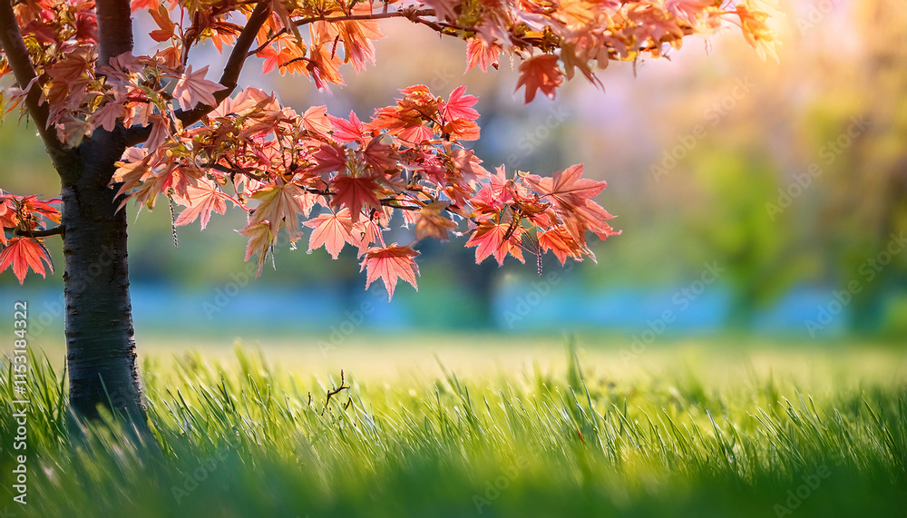 Bright red and green buds adorn the branches of a maple tree, thriving amid a lush meadow filled with vibrant grass and soft sunlight, signaling the arrival of spring Bright red and green buds adorn the branches of a maple tree, thriving amid a lush meadow filled with vibrant grass and soft sunlight, signaling the arrival of spring