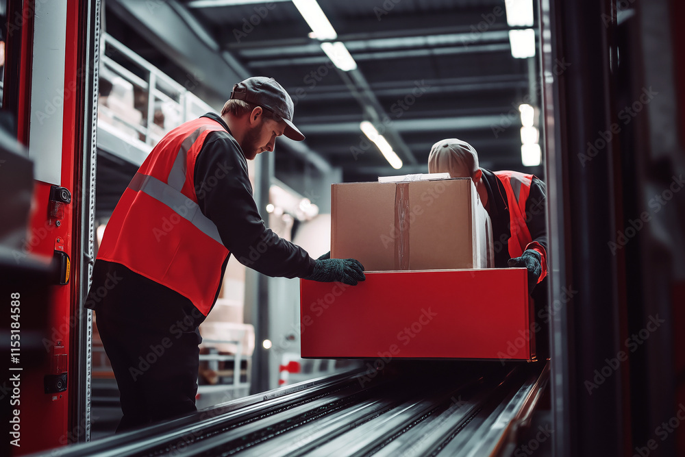 Obraz premium Postal workers unloading packages from a truck in a busy logistics center.