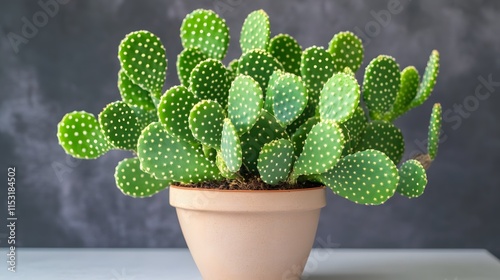 A vibrant green cactus in a small terracotta pot, placed on a white table