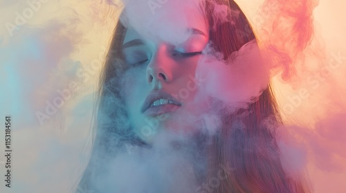 Dreamlike Portrait of a Woman with Flowing Hair Merging into Ethereal, Colorful Clouds photo