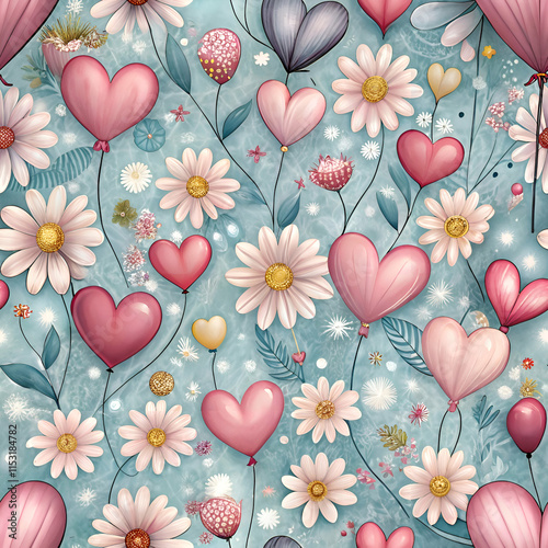 Romantic Floral Pattern with Heart Balloons
