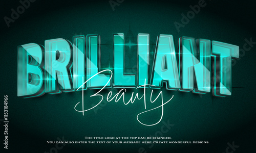 ”Brilliant Beauty” Editable title logo text style effect in blue green glowing glass neon, sans serif typeface
