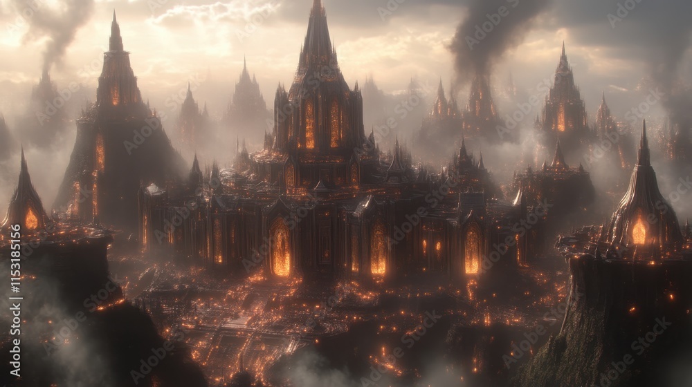 Fototapeta premium Fiery, gothic city burning in a dark, hazy landscape.