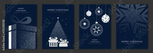Merry Christmas and Happy New Year greeting card vector set. Luxury invitation with Christmas tree, bauble, gift, spot texture on navy blue background. Design illustration for season's card, ads.