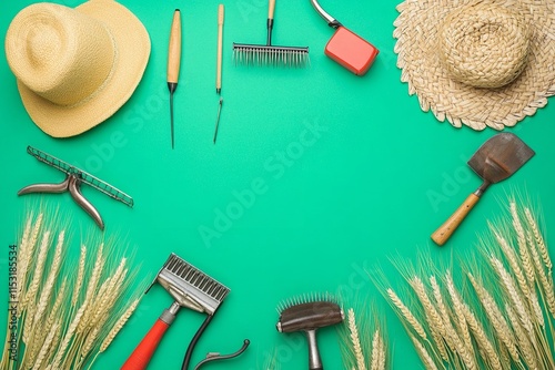 Flat-Lay Design for National Farmer's Day with Tools, Wheat Stalks, and Text on Green Background photo