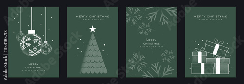 Merry Christmas and Happy New Year greeting card vector set. Luxury invitation with Christmas tree, bauble, gift, spot texture on green background. Design illustration for season's card, ads.