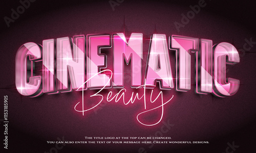 ”Cinematic Beauty” Editable title logo text style effect in pink glowing glass neon, sans serif typeface
