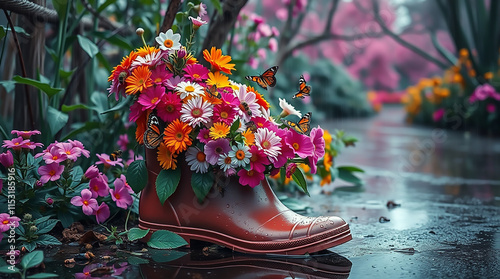 Surreal infrared image of a rubber boot overflowing with vibrant spring flowers, bees, and butterflies.

