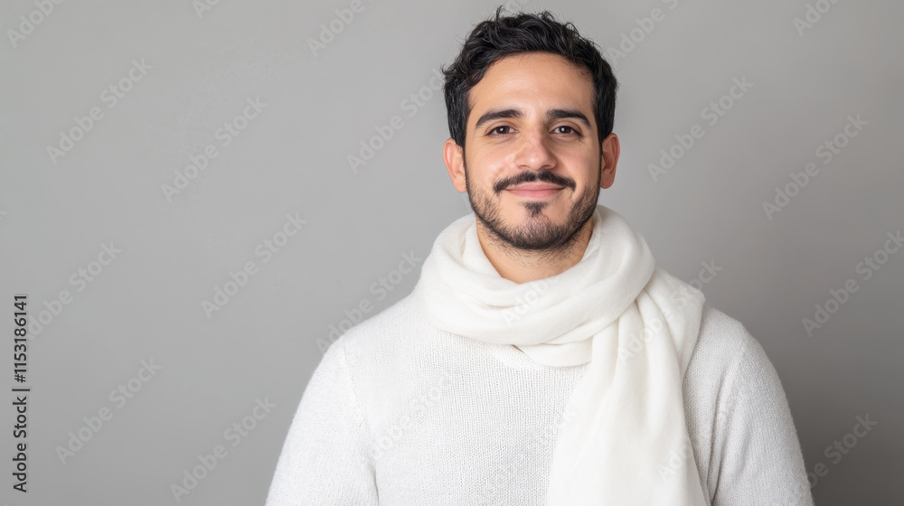 Fototapeta premium man wearing white scarf smiles warmly against grey background, exuding confidence and style