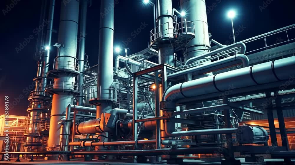 Industrial facility illuminated at night with towering pipes and equipment on display Industrial facility illuminated at night with towering pipes and equipment on display