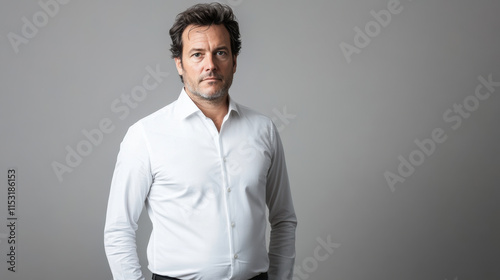 man in white dress shirt stands confidently against grey background, exuding professionalism and poise