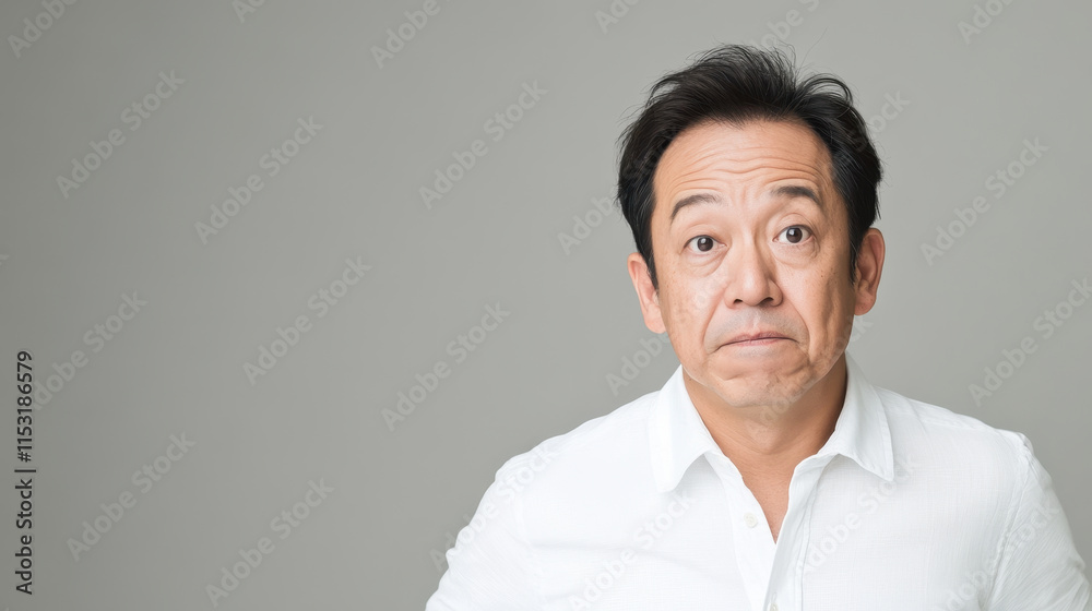 Inspiration and curiosity are evident man face as he looks thoughtfully. His white shirt contrasts with grey background, creating striking image Inspiration and curiosity are evident man face as he looks thoughtfully. His white shirt contrasts with grey background, creating striking image