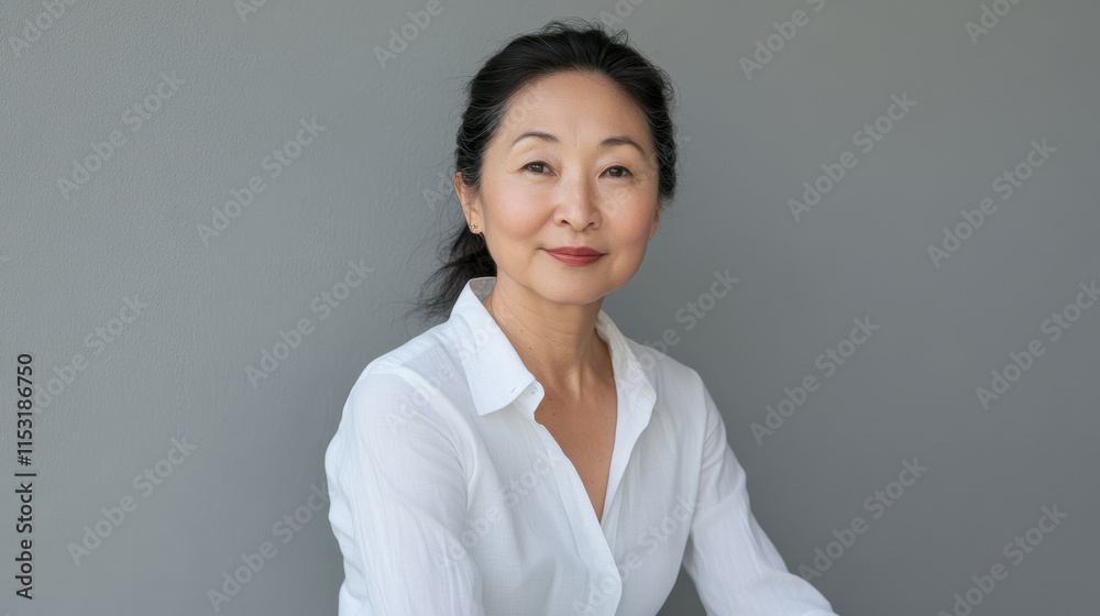 calm Asian woman in white shirt sits casually against grey background, exuding confidence and grace calm Asian woman in white shirt sits casually against grey background, exuding confidence and grace