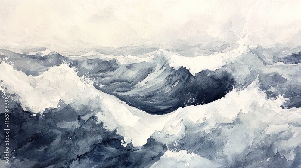 Obraz premium A serene watercolor painting of rolling ocean waves in soft blue and white hues.