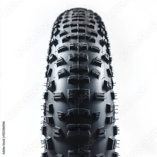 Close-up view of a rugged bicycle tire showcasing detailed tread design and texture for off-road cycling photo