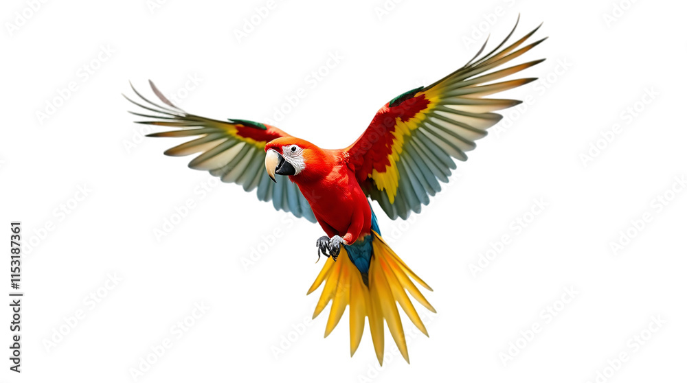 Fototapeta premium Scarlet Macaw Parrot Flying Isolated on a Transparent Background (PNG).