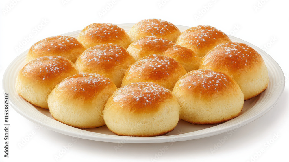 A plate of freshly baked rolls, soft and fluffy texture, colored in golden orange hues, slightly glossy surface, arranged neatly on an off-white ceramic plate, white background with clear subject sepa A plate of freshly baked rolls, soft and fluffy texture, colored in golden orange hues, slightly glossy surface, arranged neatly on an off-white ceramic plate, white background with clear subject sepa