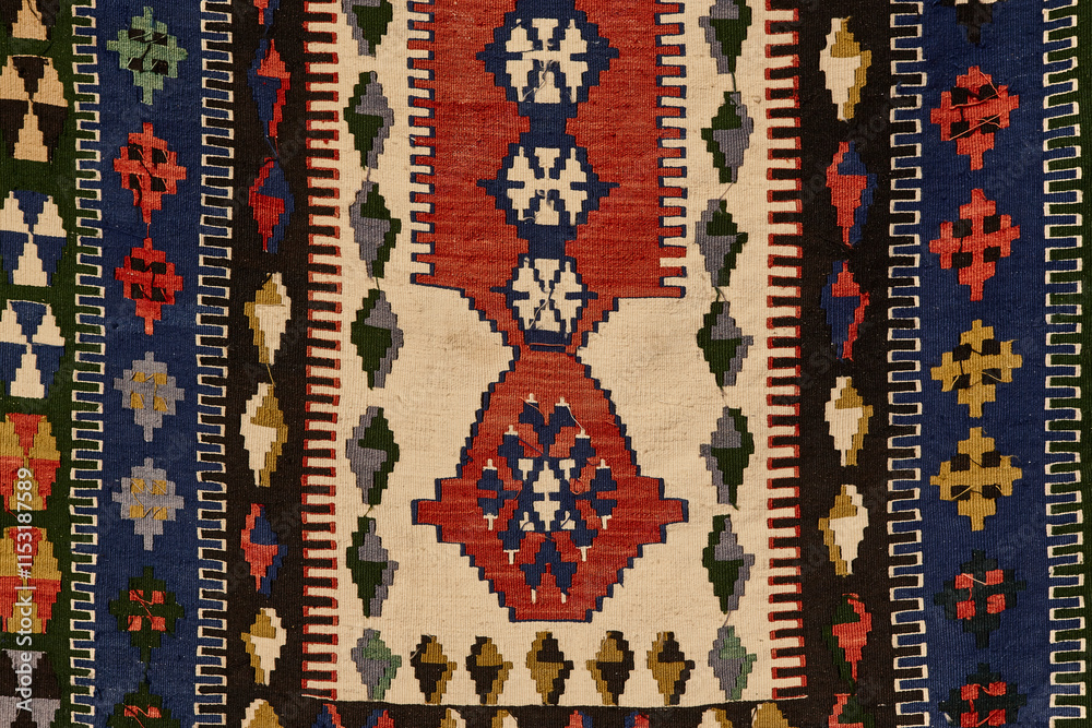 Turkish traditional rug with geometric vivid colors designs. Istanbul