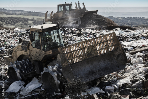 Obraz na płótnie Heavy machinery shredding garbage in an open air landfill. Pollution w salonie