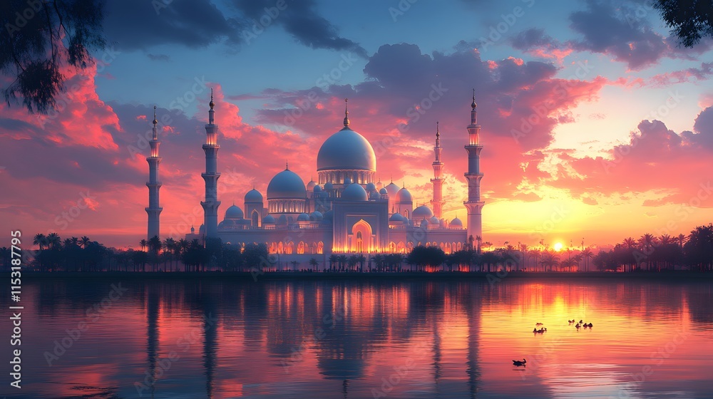 Fototapeta premium Stunning sunset view of the majestic grand mosque. Peaceful reflection on the water.