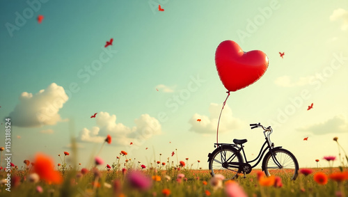 Heart-shaped balloon floating above a vintage bicycle, perfect for Valentine's Day, romantic settings, whimsical photography, and capturing moments of love and nostalgia photo