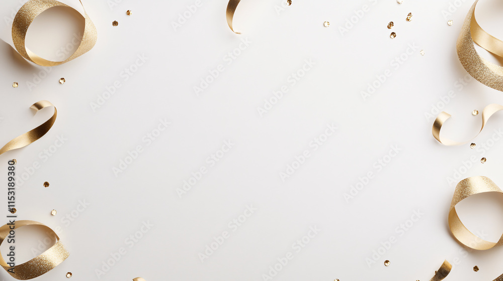 Fototapeta premium A refined and minimalistic New Year banner with a top view composition, featuring a blank white background surrounded by golden ribbons curled in graceful patterns. Subtle glitter accents are
