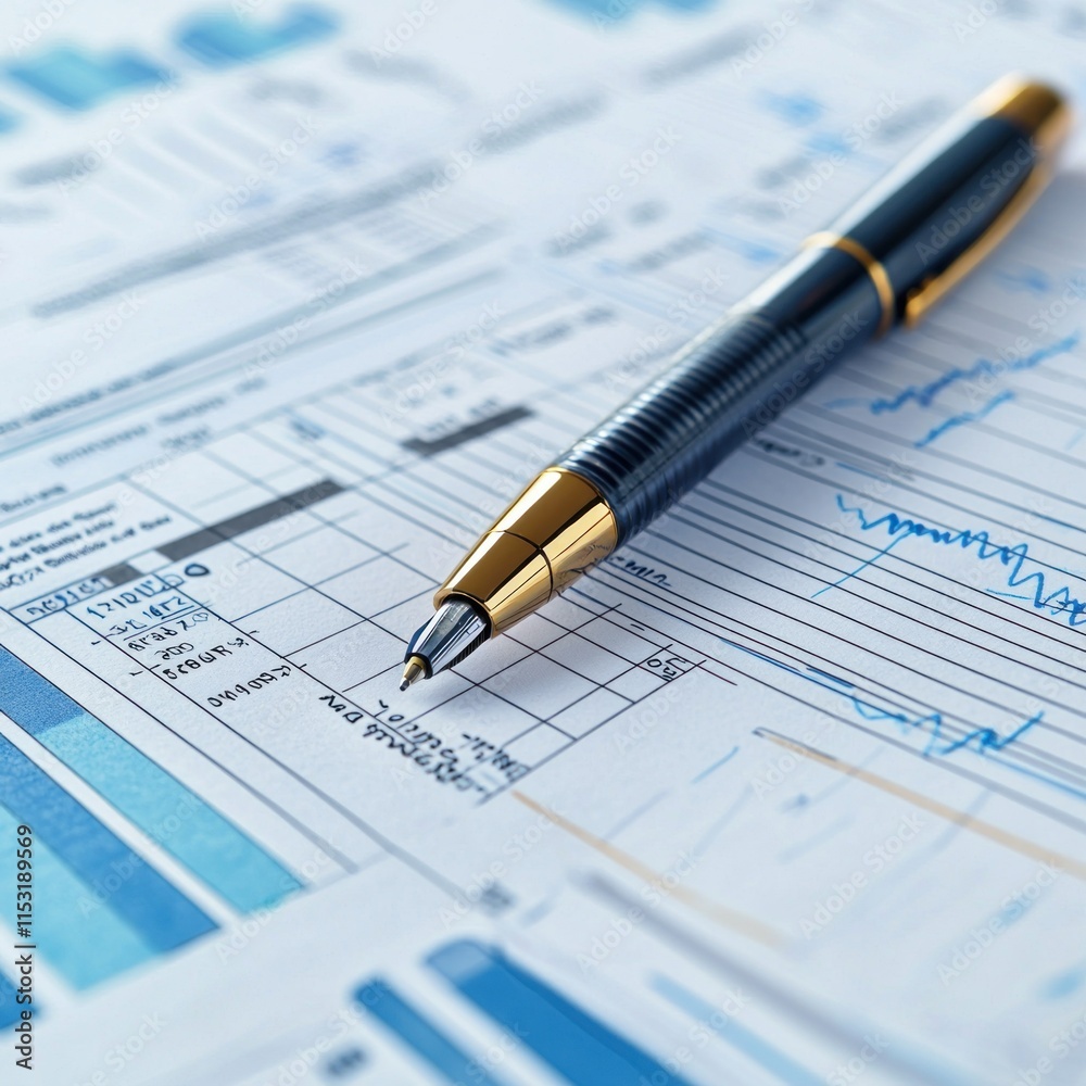 Close-Up View of Business Documents with a Sleek Pen Highlighting Financial Data and Charts on a Bright Desk for Professional Analysis and Planning Close-Up View of Business Documents with a Sleek Pen Highlighting Financial Data and Charts on a Bright Desk for Professional Analysis and Planning