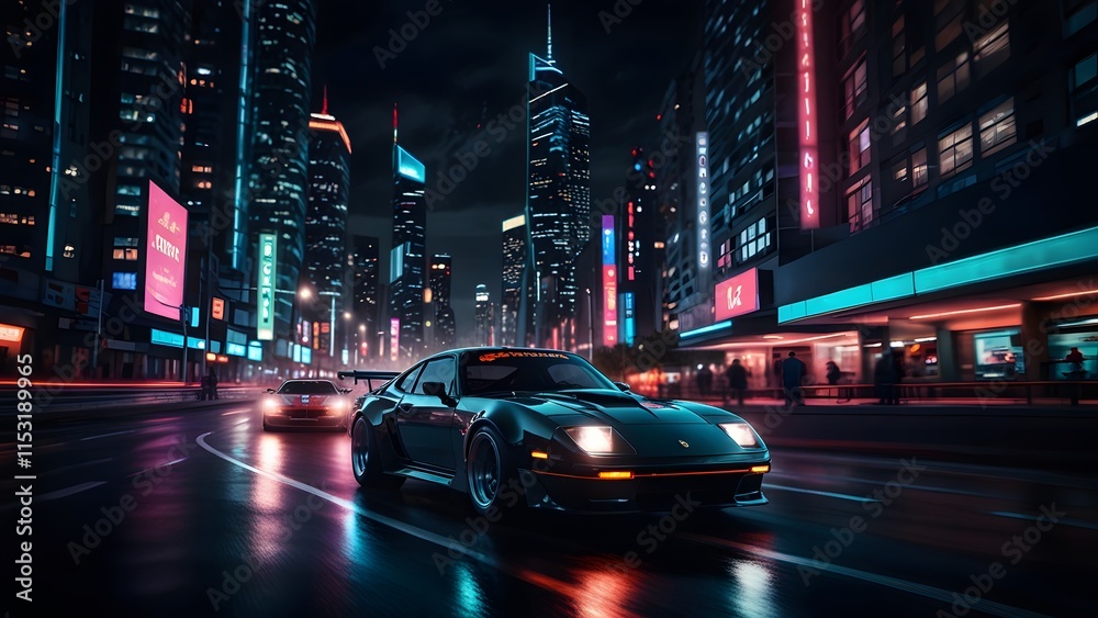 Fototapeta premium Futuristic Neon-Lit Urban Streets at Night