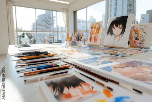 Anime friends create art together in a studio high detail slice of life manga style medium shot