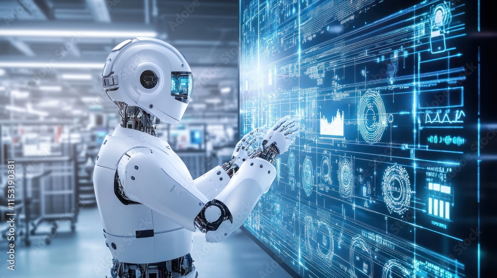 Futuristic Robot Interacting with Digital Interface Futuristic Robot Interacting with Digital Interface