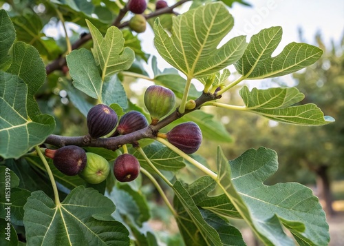 Lush Green Fig Branch with Ripe Figs: High-Resolution Stock Photo