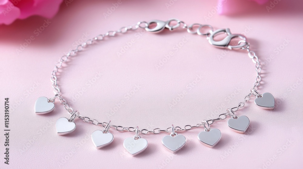 Silver Heart Charm Bracelet on Pink Background with Floral Accents Silver Heart Charm Bracelet on Pink Background with Floral Accents