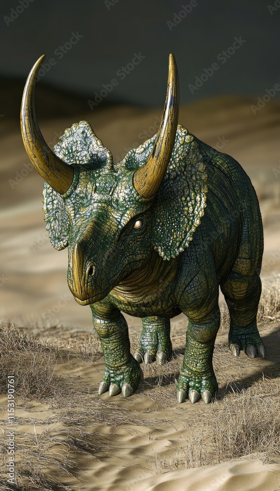 Fototapeta premium A fantastical creature resembling a dinosaur with textured skin and prominent horns.