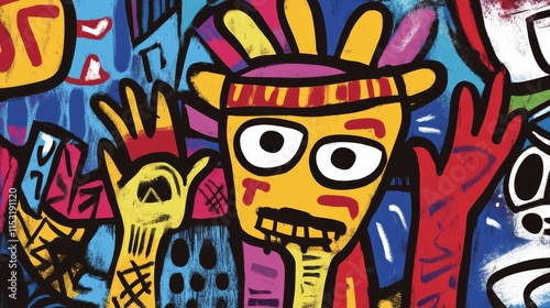 smiling happy man colorful funny sketch paint whimsical bizarre illustration artful design, unique colorful and grungy texture