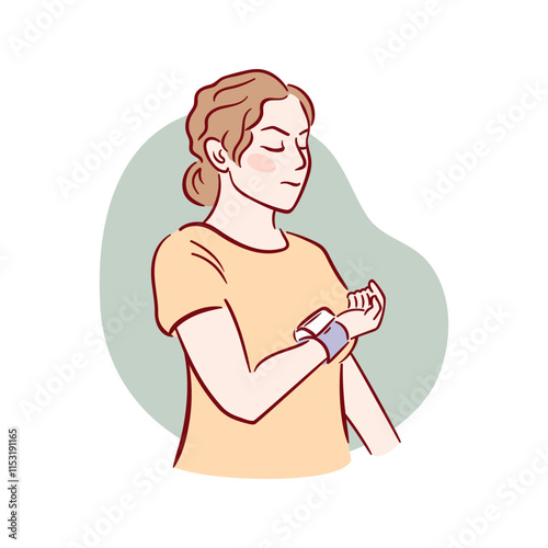 A vector illustration in sketch style shows a young woman measuring her blood pressure with a wrist tonometer. The detailed design emphasizes health awareness and well-being in a modern, approachable