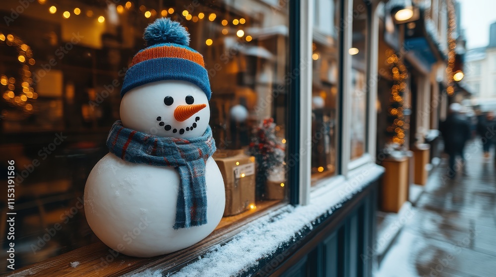 Obraz premium Festive snowman decoration in snowy shop window.