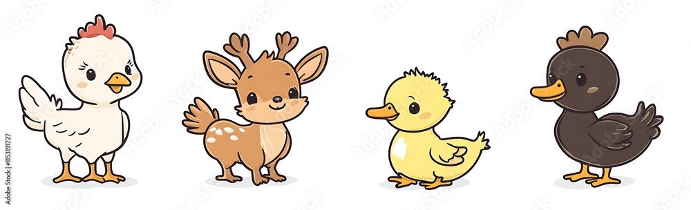 Adorable Cartoon Farm Animals: Hen, Fawn, Duckling, and Black Duck Illustration Adorable Cartoon Farm Animals: Hen, Fawn, Duckling, and Black Duck Illustration