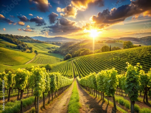 Wallpaper Mural Lush Green Vineyard Landscape: Rolling Hills, Sunlit Grapes Torontodigital.ca