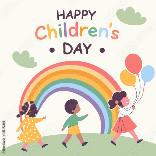 A joyful illustration of diverse children holding hands under a rainbow sky, celebrating Children's Day with colorful balloons.