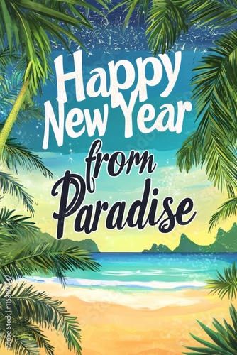 A tropical scene with Happy New Year from Paradise written in a playful font