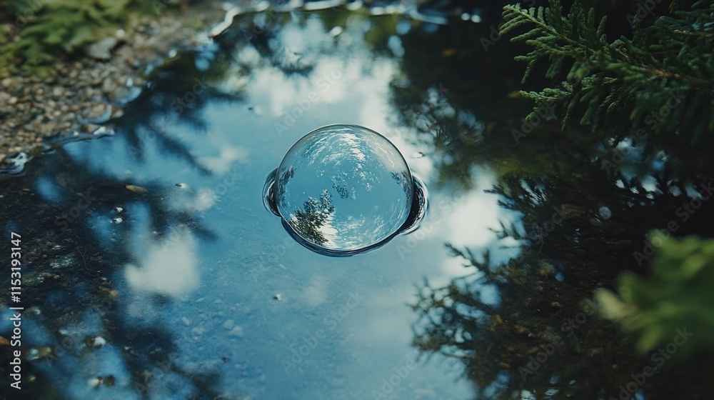 A reflective bubble resting on a tranquil water surface surrounded by greenery. A reflective bubble resting on a tranquil water surface surrounded by greenery.