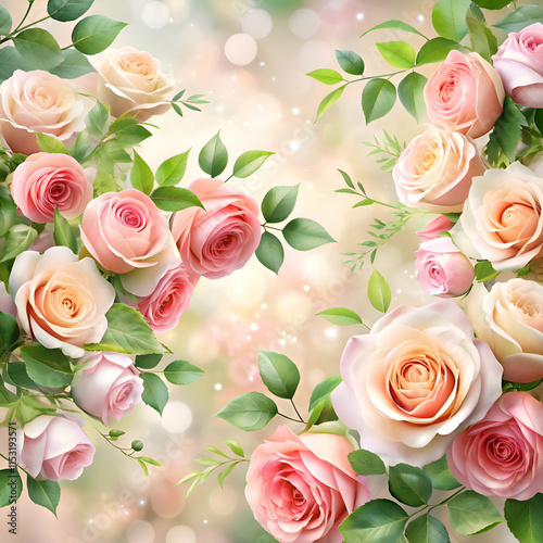 Pink and White Roses Bouquet. Romantic Floral Background